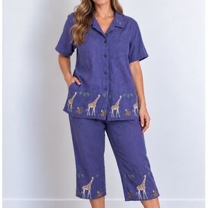 Vintage Jane Ashley 2 Piece Set Womens PL PM Giraffe Safari Capri Cotton 90s